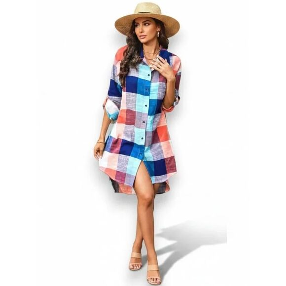 Dresses & Skirts - Multicolor Checks Long Sleeve Button Up Mini Dress Shirt
